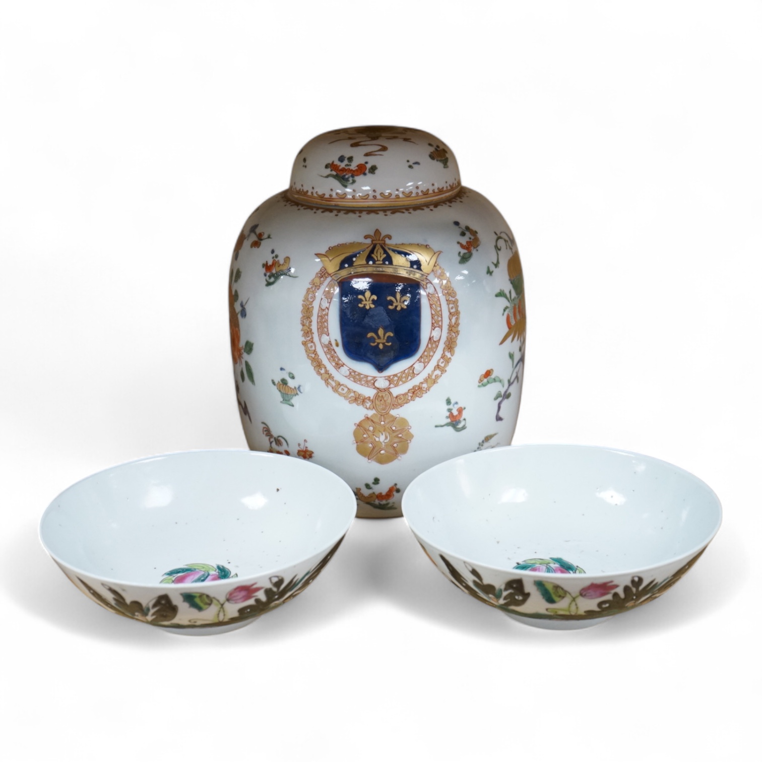 A Samson armorial jar and cover and two Chinese famille rose bowls, jar and cover 26cm high